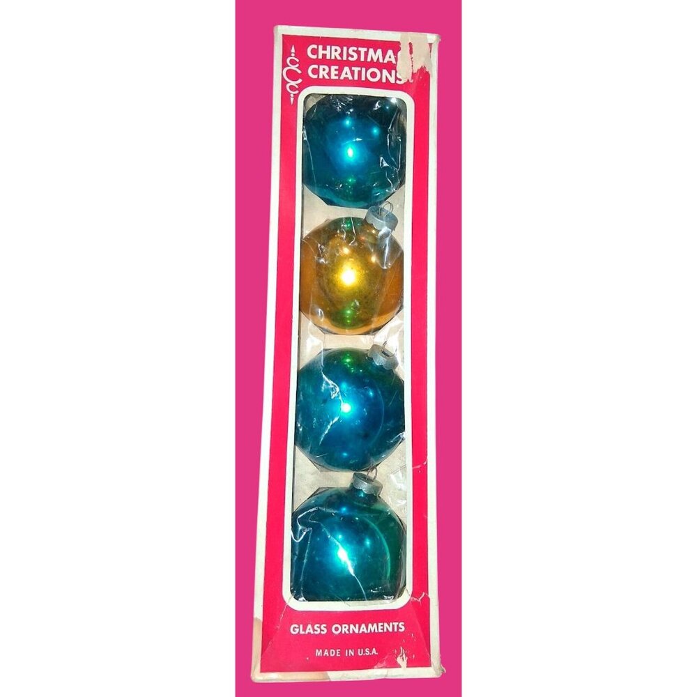 Vintage Christmas Creations Mercury Glass Ornaments Set Of 4 Blue Gold Made In U